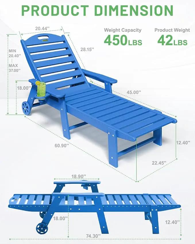 Lounge Chair Outdoor Set of 2, HDPE Chaise Lounge Chair Outdoor with 6-Position & Wheels &Cup Holder, Pool Lounge Chair for Pool Poolside Deck Backyard Patio, Navy Blue by GreenHaven Gardens