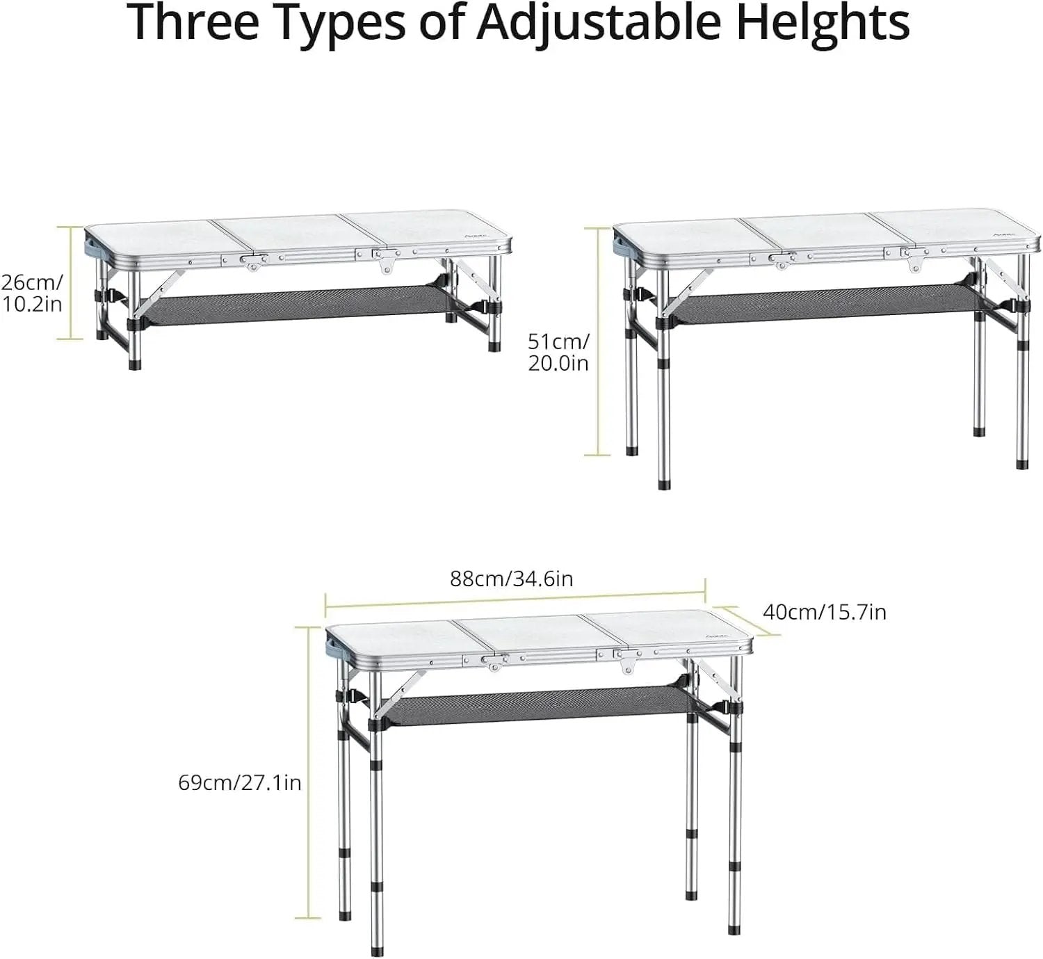 Folding Camping Table with Storage Net, 3ft Camping Table Aluminum Folding Table with 3 Adjustable Height Max 27.1 Inch, Portable, for Outdoor Backyard BBQ, Silver by GreenHaven Gardens