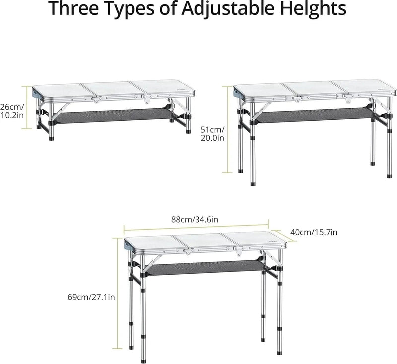 Folding Camping Table with Storage Net, 3ft Camping Table Aluminum Folding Table with 3 Adjustable Height Max 27.1 Inch, Portable, for Outdoor Backyard BBQ, Silver by GreenHaven Gardens