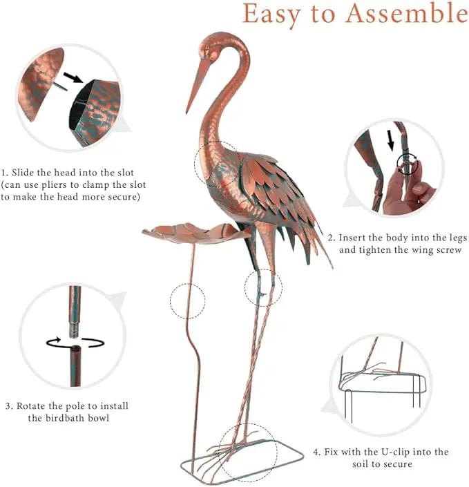 Crane Garden Statue, 42'' Heron Outdoor Statue with Birdbath, Large Crane Bird Metal Yard Art for Lawn Porch Backyard Patio Decor (Brown) by GreenHaven Gardens