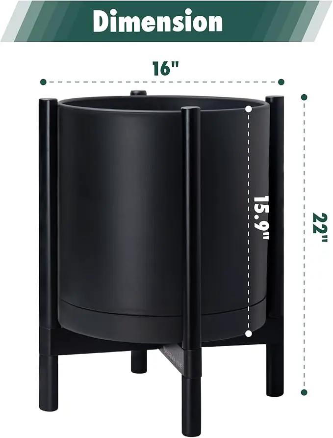D'vine Dev Planter Pot with Stand - 16 Inch Plastic Cylinder Flower Pot with Wood Planter Holder for Indoor, Matte Black Pot + Ebony Stand, 55-C-Z-2 by GreenHaven Gardens