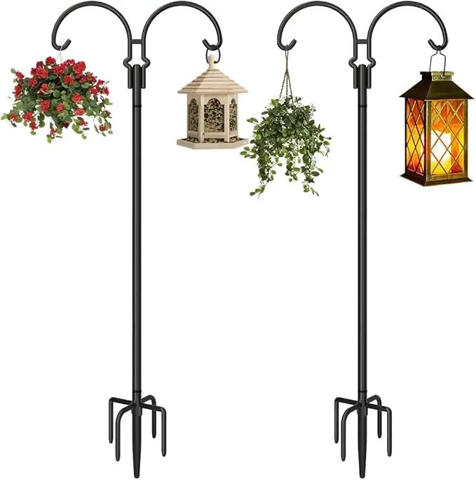 Outdoor Double Shepherds Hook with 5 Prong Base, 76 Inch Adjustable Heavy Duty Two Sided Bird Feeder Pole Stand for Hanging Plant Baskets, Solar Light Lanterns, Hummingbird Feeder, 2 Pack by GreenHaven Gardens