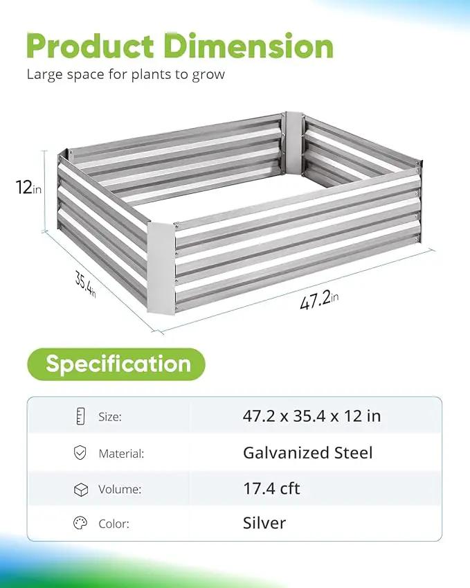 Quictent Galvanized Raised Garden Bed 4x3x1 Ft Metal Planter Box for Vegetables Bottomless for Backyard, Include 1 Tomato Cage, Silver by GreenHaven Gardens