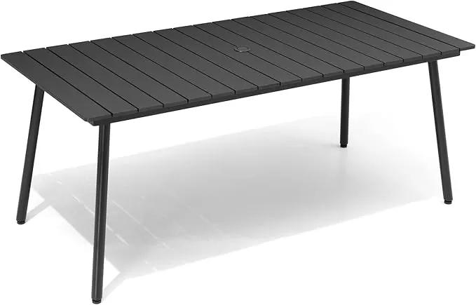 Outdoor Dining Table for 6, 70inch Patio Dining Table with Wooden-Like Top and Aluminum Frame, Rectangular Table with Umbrella Hole Outdoor Furniture, Only Table, Black by GreenHaven Gardens