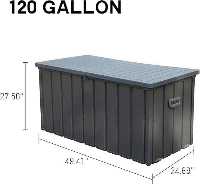 Domi 120 Gallon Deck Box, Patio Storage Box with Resin Lid, Steel Tool Waterproof Outdoor Storage Container for Outside Cushions, Lockable Outdoor Storage Bin for Garden and Pools Tools (Gray) by GreenHaven Gardens
