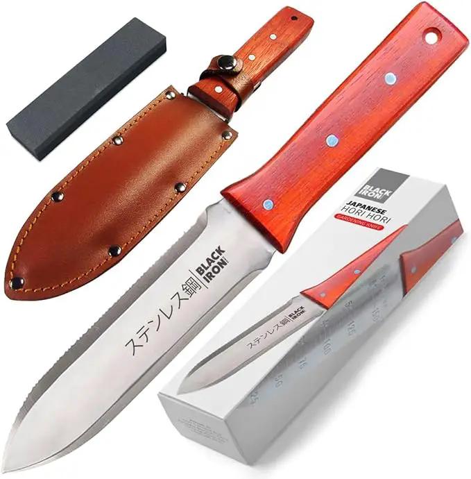 Black Iron Hori Hori Garden Knife [7 Inches, Japanese Stainless Steel] Durable Gardening Tool for Weeding, Digging, Cutting & Planting with Leather Sheath and Sharpening Stone by GreenHaven Gardens