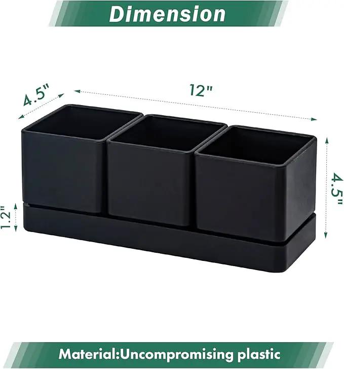 D'vine Dev Herb Garden Planter Set, Plastic Plant Pots with Drainage and Saucer, Indoor Succulent Cactus Vegetable Pot for Windowsill, Garden Balcony, Black, Set of 1, 76-V-B-1 by GreenHaven Gardens