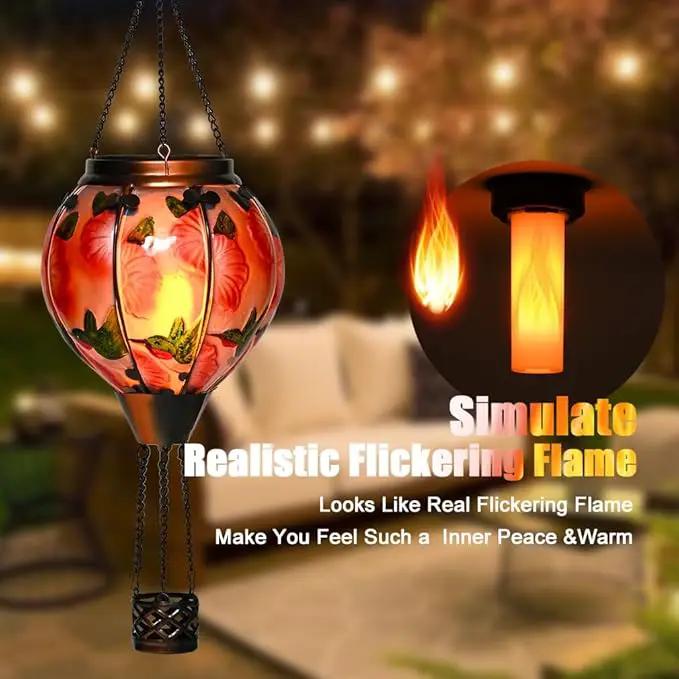 Hot Air Balloon Solar Lantern - Simulated Flickering Flame Hummingbird Glass Lantern, Outdoor Hanging Yard Light Waterproof IP65 & Weather Resistant for Garden Patio Lawn Porch Decor Gfit by GreenHaven Gardens