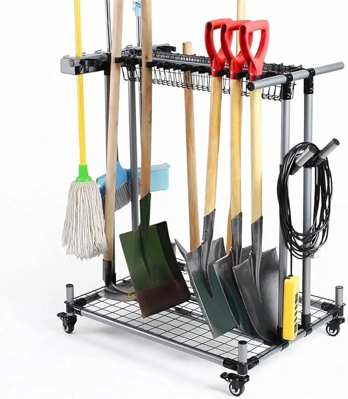 Mobile garden tool organizer metal Garage Storage Holder storage large long lawn tools heavy duty tool rack sturdy yard cart by GreenHaven Gardens