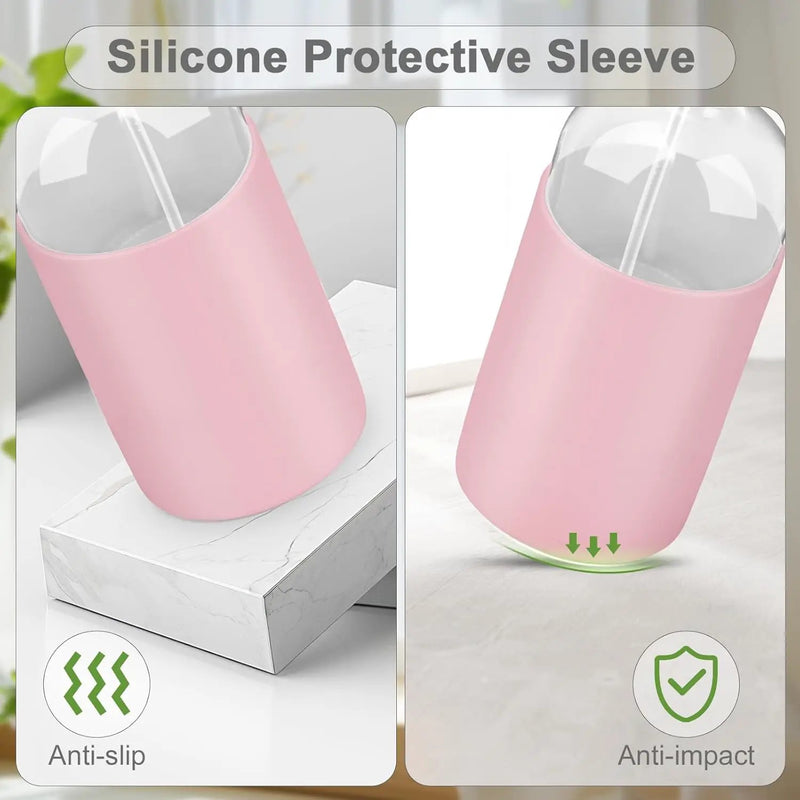 2 Pack Glass Spray Bottles with Long Silicone Sleeve, 16 oz Empty Refillable Containers with Adjustable Spray Nozzles, Spray Bottles for Hair, Cleaning Solutions and Plants Pink&White by GreenHaven Gardens