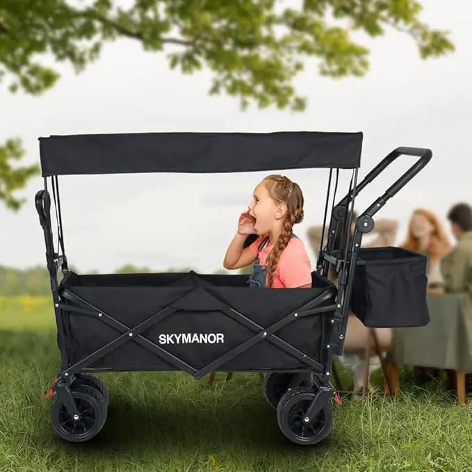 SKYMANOR Collapsible Wagon with Removable Canopy, 3-in-1 Heavy Duty Garden Cart with Big All-Terrain Wheels, Brakes, Adjustable Push Pull Handle, Cooler Bag, 300LBS Wagon Cart for Camping (Black) by GreenHaven Gardens