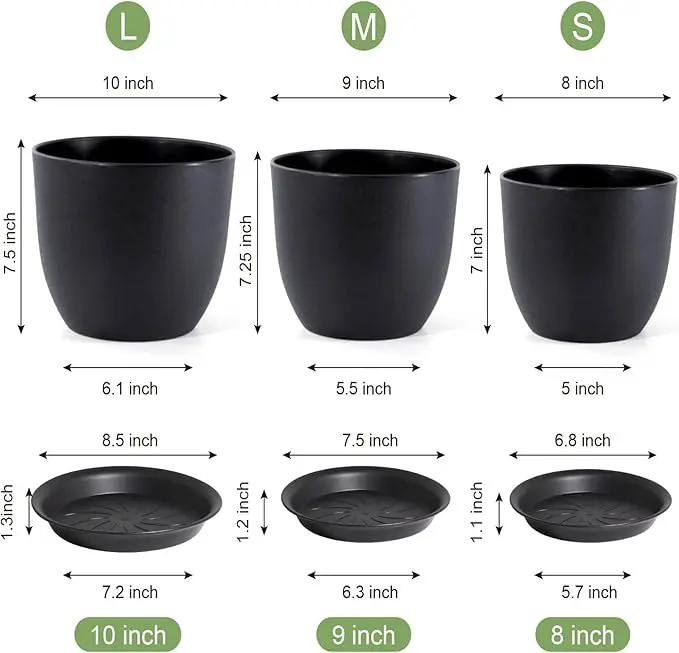10/9/8 inch Medium Plant Pots, 3 Pack Modern Decorative Plastic Planters with Drainage Holes and Saucers, Flower Pots for Indoor Outdoor Plants, Black by GreenHaven Gardens