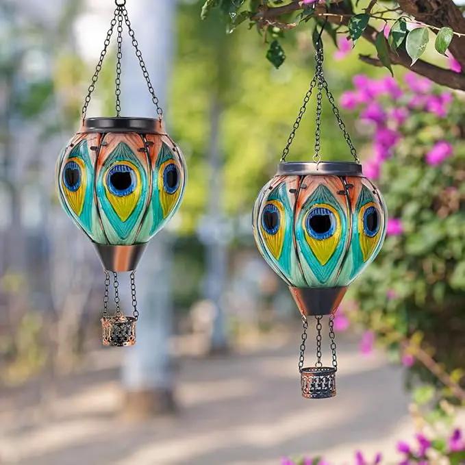 Starsoul 2 PC Peacock Hot Air Balloon Solar Lantern with Flame Glass Outdoor Hanging Hot Air Balloon Solar Light Waterproof Garden Patio Yard Party Decorations by GreenHaven Gardens