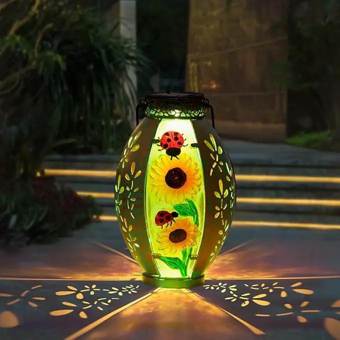 Sunflower Solar Lanterns Outdoor Waterproof,Hanging Solar Lantern,Sunflower Lanterns Decorative Outdoor,Glass & Metal Solar Lights for Tabletop Patio Porch Decor by GreenHaven Gardens