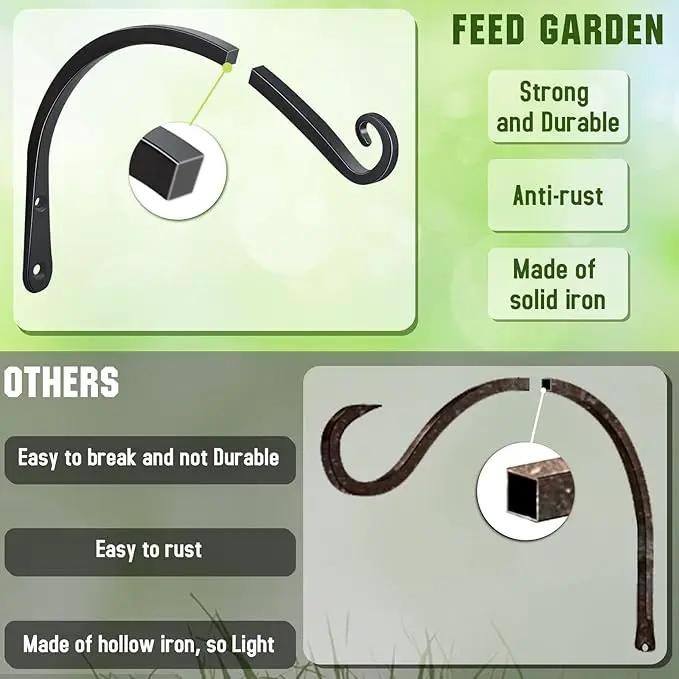 FEED GARDEN 2 Pack 14 Inch Hanging Plant Bracket Wall Hooks Decorative Plant Hangers for Outdoor Hanging Bird Feeders, Wind Chimes, Plant Baskets, Black by GreenHaven Gardens
