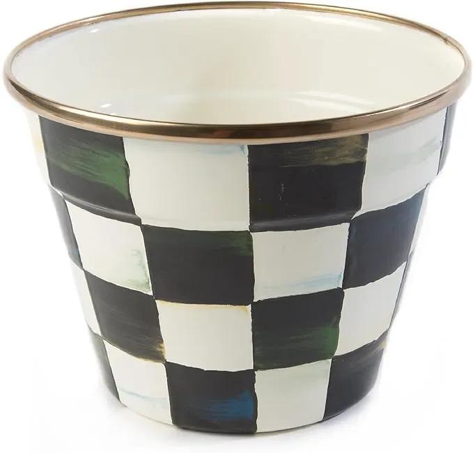 MACKENZIE-CHILDS Enamel Garden Pot, Planting Pot for Plants and Flowers, Small, Black-and-White Courtly Check by GreenHaven Gardens