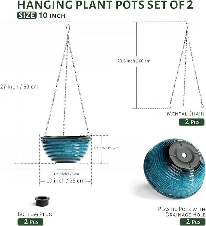 10in Hanging Planters for Indoor and Outdoor Plants, 2 Pack Hanging Planter with Drainage Hole, Round Hanging Flower Pots for Garden Home Decor (Blue) by GreenHaven Gardens