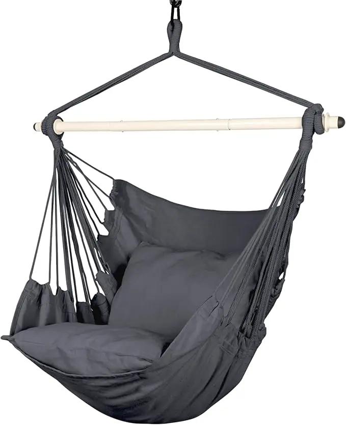 Highwild Hammock Chair Hanging Rope Swing - Max 500 Lbs - 2 Cushions Included - Steel Spreader Bar with Anti-Slip Rings - for Any Indoor or Outdoor Spaces (Grey) by GreenHaven Gardens