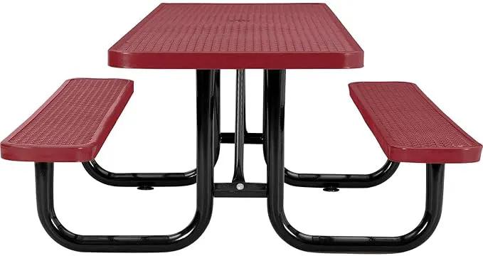 Global Industrial 8'L Rectangular Picnic Table, ADA Compliant, Expanded Metal, Red Thermoplastic Coating, Attached Benches, 1-1/2” Umbrella Pole Hole, Outdoor-Rated by GreenHaven Gardens