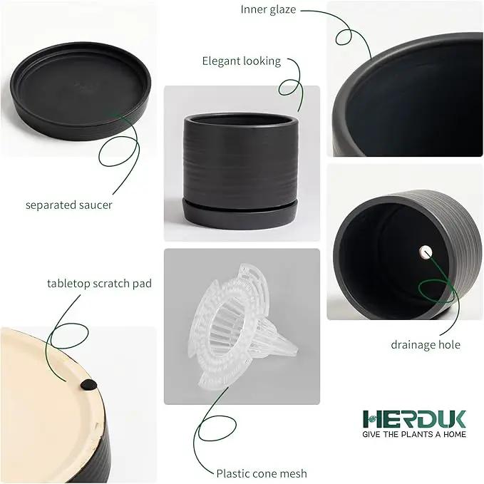 8 Inch Pots for Plants, Ceramic Planter Pot with Drainage Hole & Saucer, Indoor/Outdoor Cylinder Round Planter Pot, Matte Black by GreenHaven Gardens