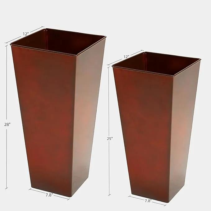KOL 25'' & 28'' Tall Galvanized Steel Metal Glazed Planter with Insert, Set of 2, Metal Planter Pots for Indoor & Outdoor Use, Decorative Flower Plant Pots for Front Porch, Patio, Deck - Brown by GreenHaven Gardens
