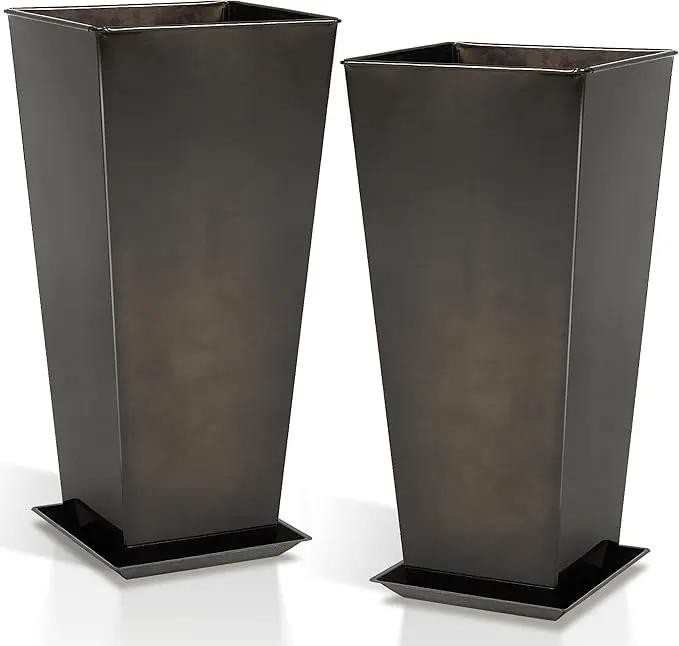 WORTH Garden 25" Large Metal Glazed Planter Set of 2, Luxurious Glossy Finish Black Tall Square Tapered Steel Plant Pots, Decor Flower Pot Indoor & Outdoor, Drainage Hole & Dual-Purpose Plant Saucer by GreenHaven Gardens