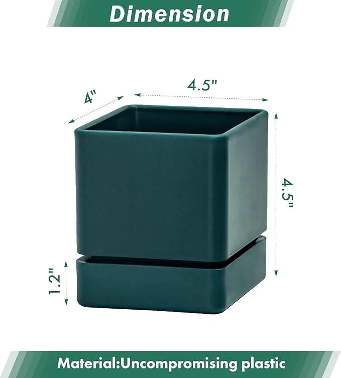 4 Inch Herb Planter Pot, Plastic Planter with Drainage Holes and Saucer, Modern Decorative Gardening Pot for Indoor Plants, Flowers, Herbs, Succulents, Green, Set of 2, 76-Y-C-2 by GreenHaven Gardens