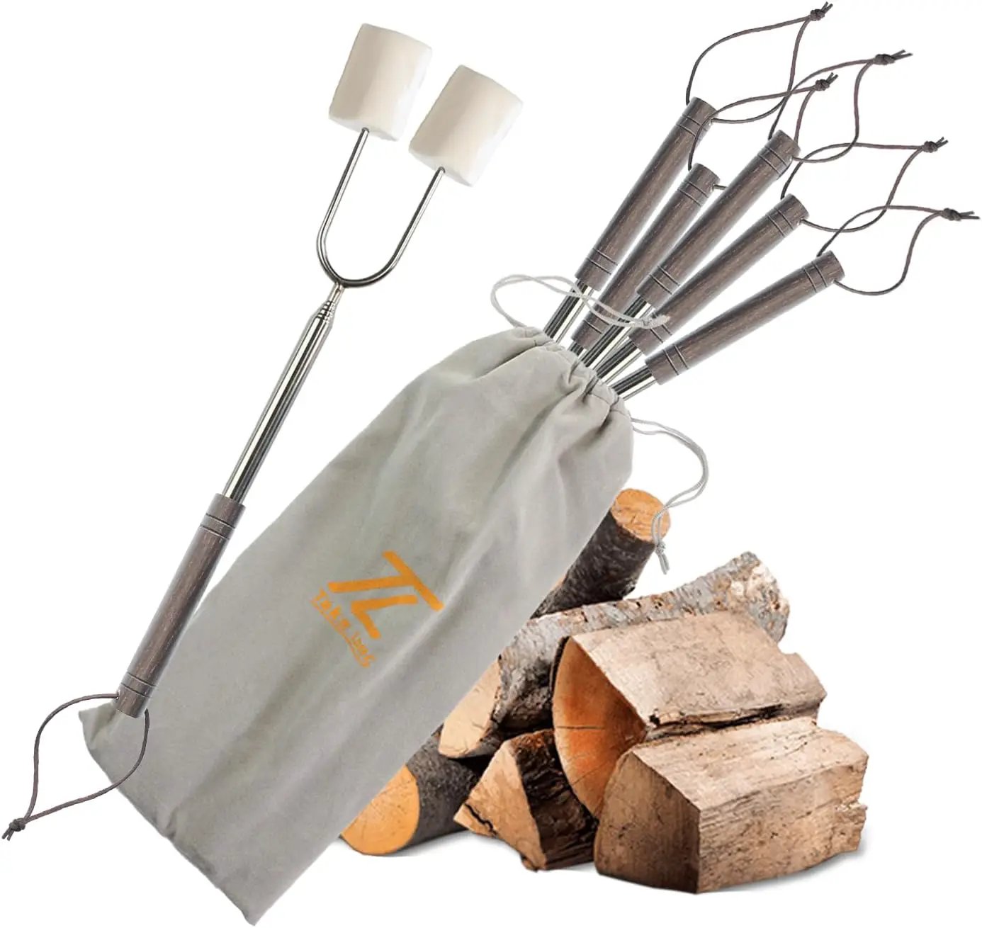 Marshmallow Roasting Sticks for Fire Pit with Wooden Handle, 41 Inches Long, Telescoping SUS304 Stainless Steel Marshmallow Skewers, Extendable Hog Dog Campfire Roasting Sticks, Camping Accessories by GreenHaven Gardens