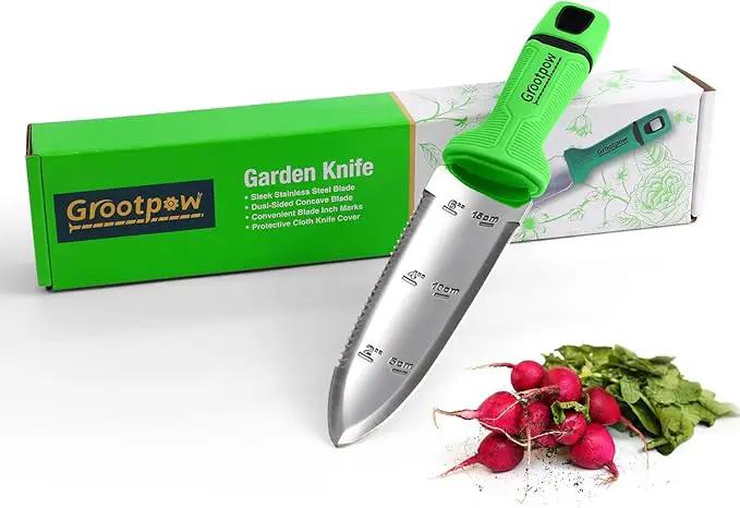 GK01 Hori Hori Garden Knife, Full Tang Gardening Knife with 7.1" Stainless Steel Double-Edged Blade, Heavy Duty Gardening Hand Tool for Weeding and Gardening with Oxford Sheath - in Gift Box by GreenHaven Gardens