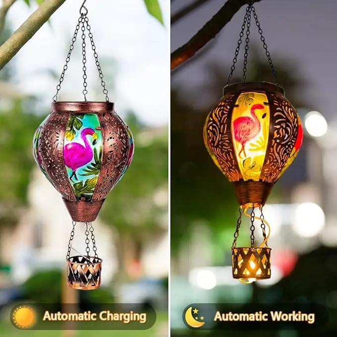 Flamingo Hot Air Balloon Solar Lanterns Outdoor Waterproof,Metal Garden Decor Solar Hot Air Balloon Lantern with Flame Flickering Lights for Patio,Porch,Yard Decor Mother Day Gifts for Women by GreenHaven Gardens