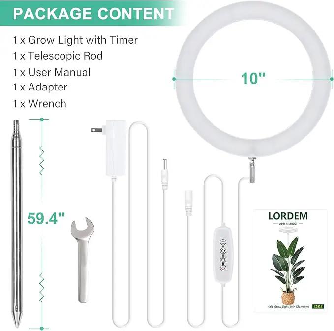 LORDEM 10" Grow Light for Indoor Plants, Full Spectrum Plant Lamp with160 LEDs, 4H/8H/12H Timer, 10 Dimmable Levels, 3 Spectrum Modes, Height Adjustable 61", Ideal for Growing Large Tall Plants by GreenHaven Gardens