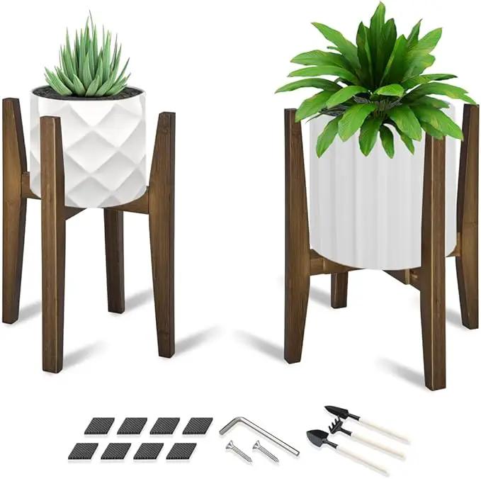 OERGKE 2 PACK Adjustable Plant Stand Indoor, Bamboo Mid Century Modern Plants Stands, Corner Flower Holder for Living Room, Fits 8 to 12 Inches Pots, (Pot & Plant Not Included)(Walnut) by GreenHaven Gardens