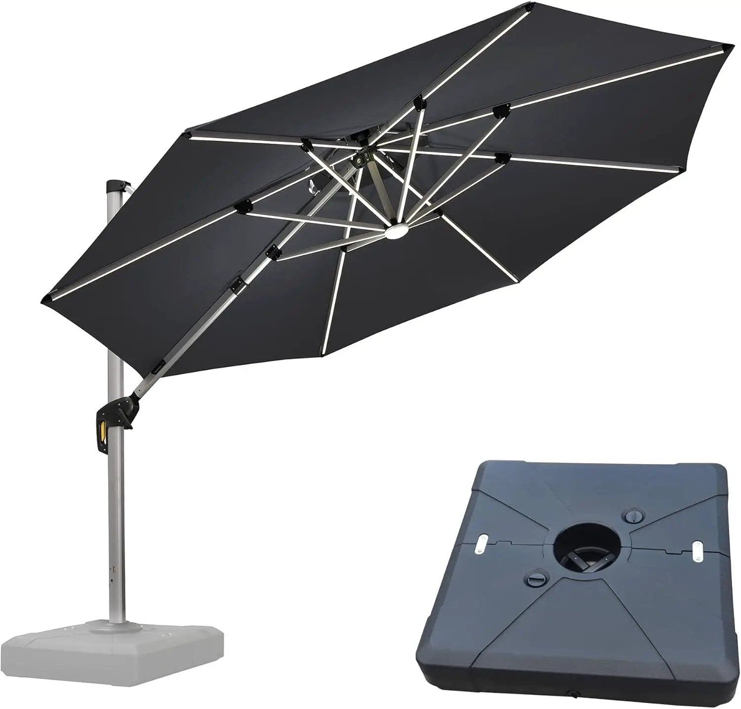 PURPLE LEAF 10ft Patio Umbrella With Base Solar powered LED Cantilever Umbrella with LED lights Windproof Outdoor Offset Umbrella for Garden Deck Pool Patio, Grey by GreenHaven Gardens
