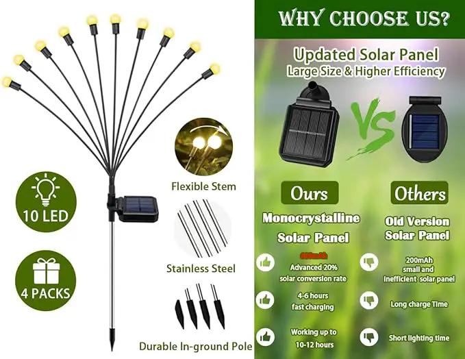 SunKite Solar Garden Lights - 4 Pack 10 LED Solar Firefly Lights Sway by Wind Outdoor Waterproof Solar Decorative Lights, Solar Outdoor Lights for Yard Patio Walkway Decoration, Warm White by GreenHaven Gardens