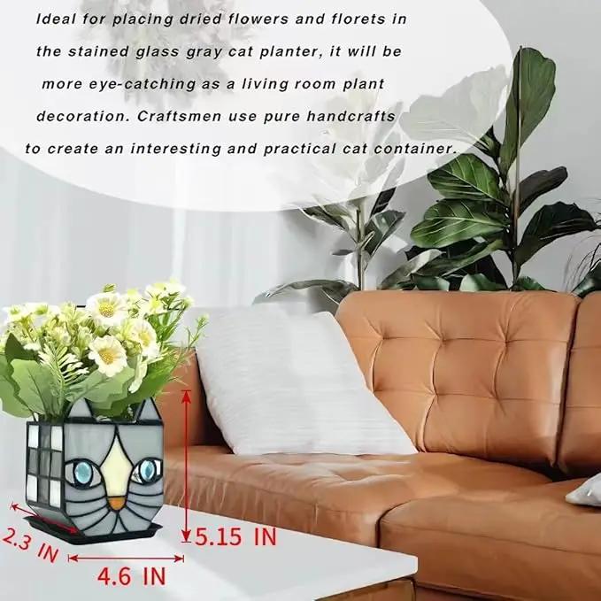 Gray Cat Glass Planter, Cat Plant Pots Indoor, Unique Small Gray Cat Planter, Glass Gap Automatic Drainage System and Base Saucer, Window Sill Cat Decoration Gift,4.6x5.15x2.3IN (Gray) by GreenHaven Gardens