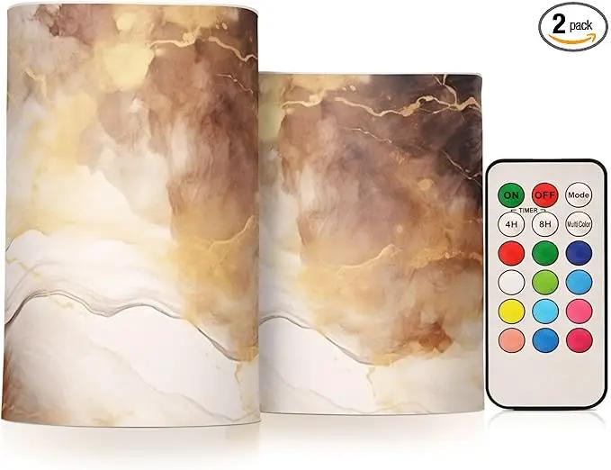 Flickering Flameless Candles, Brown White Marble LED Candles with Remote Timer, Set of 2 Battery Operated Candle for Valentine Wedding Birthday by GreenHaven Gardens