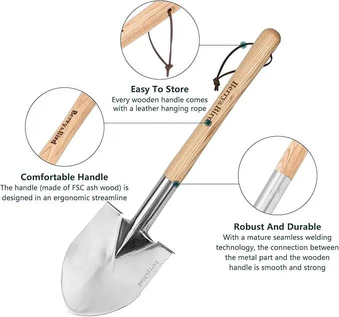 Berry&Bird Short Hand Shovel, 19.8’’ Digging Trowel for Gardening with Wood Handle Stainless Steel Round Point Spade Shovel with Serrated for Cutting, Transplanting & Weeding by GreenHaven Gardens