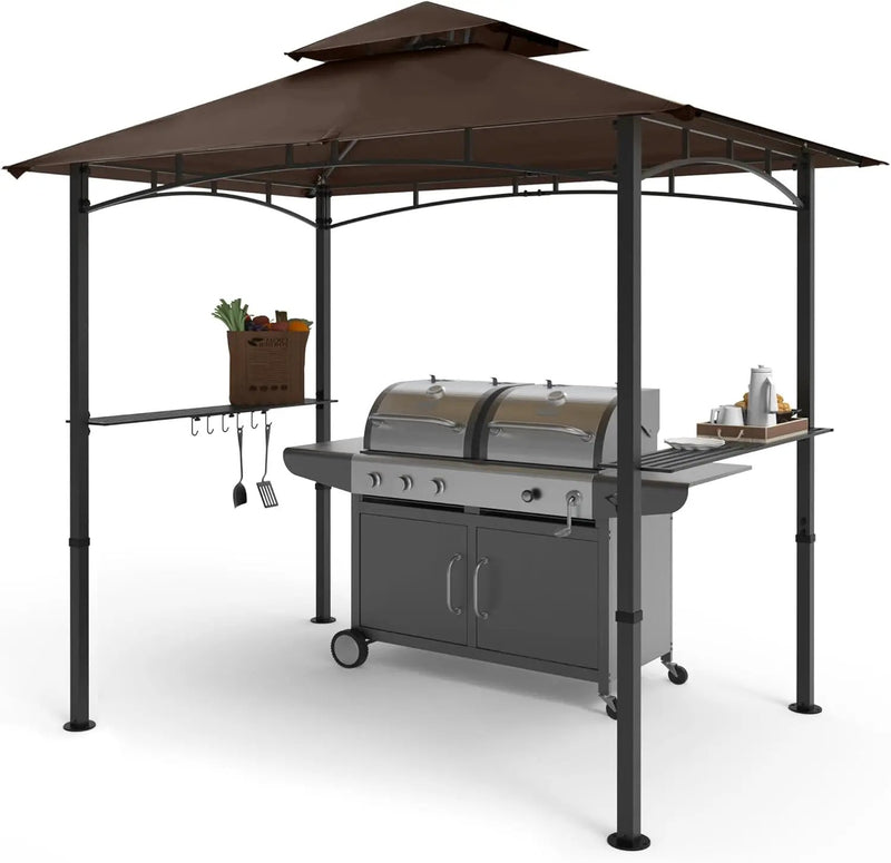 COOSHADE 8'x 5' Grill Gazebo Double Tiered Outdoor BBQ Gazebo Canopy with LED Light (Brown) by GreenHaven Gardens