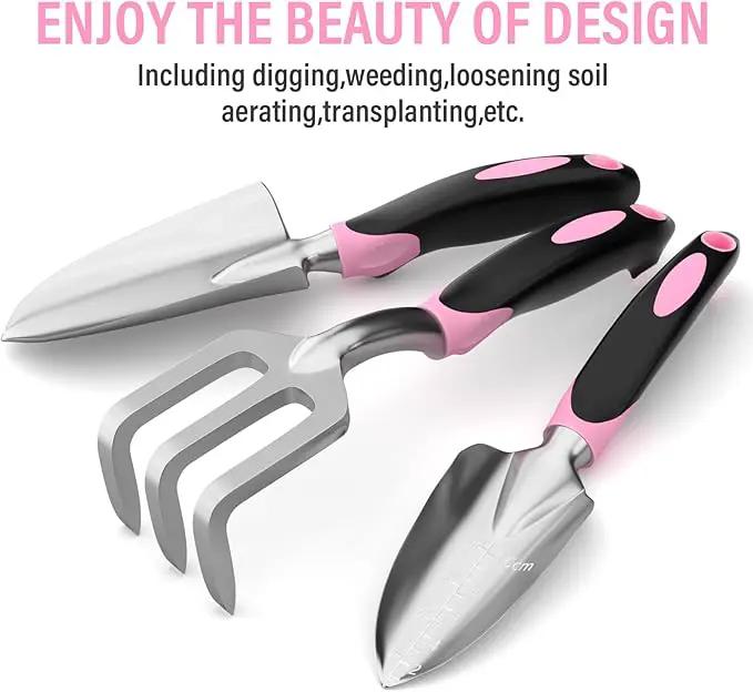 Garden Tool Set SOYUS Heavy Duty 3 Piece Gardening Hand Tools Aluminum Garden Shovel for Planting Hand Trowel Cultivator Rake with Ergonomic Non-Slip Rubber Grip Pink Gardening Gifts for Women by GreenHaven Gardens