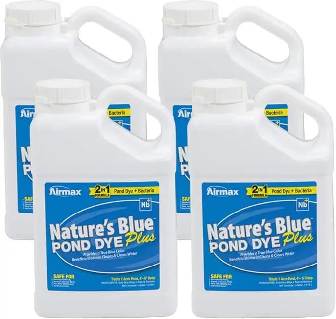 Airmax Pond Dye Plus, Nature's Blue Colorant & Natural Beneficial Bacteria, Large Pond & Lake Water Clarifier & Color Treatment, Shade Plants & Algae from Sunlight, Fish & Livestock Safe, 4 Gallons by GreenHaven Gardens