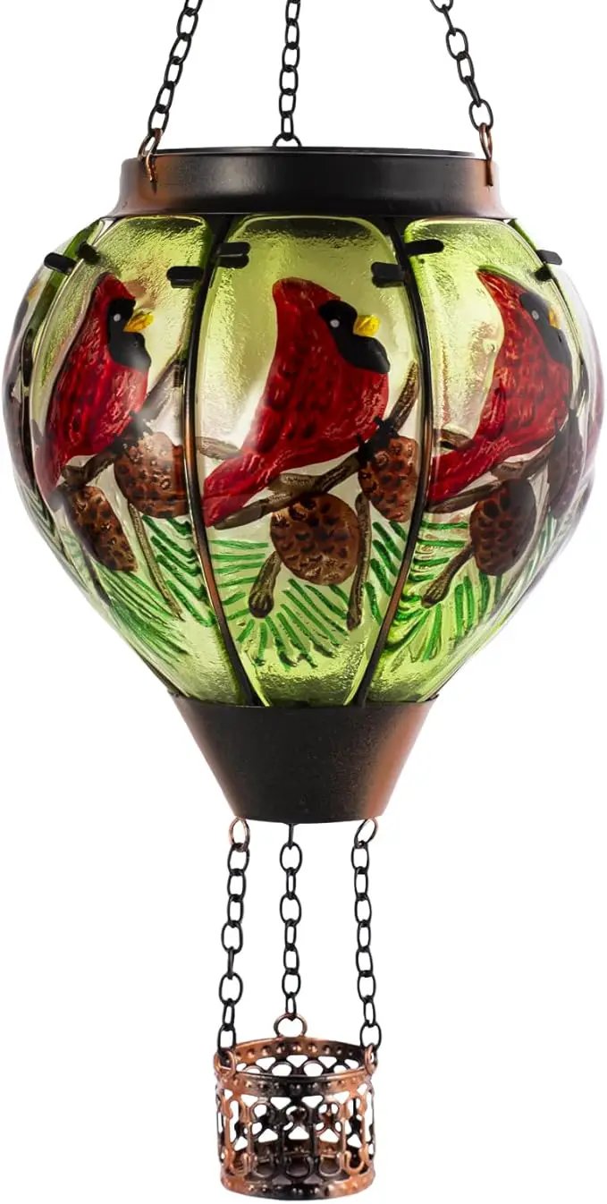 Cardinal Solar Hot Air Balloon Lantern with Flame, Glass Hot Air Balloon Solar Lantern Outdoor Waterproof, Hanging Hot Air Balloon Solar Light, Cardinal Gifts for Mom Woman Christmas by GreenHaven Gardens