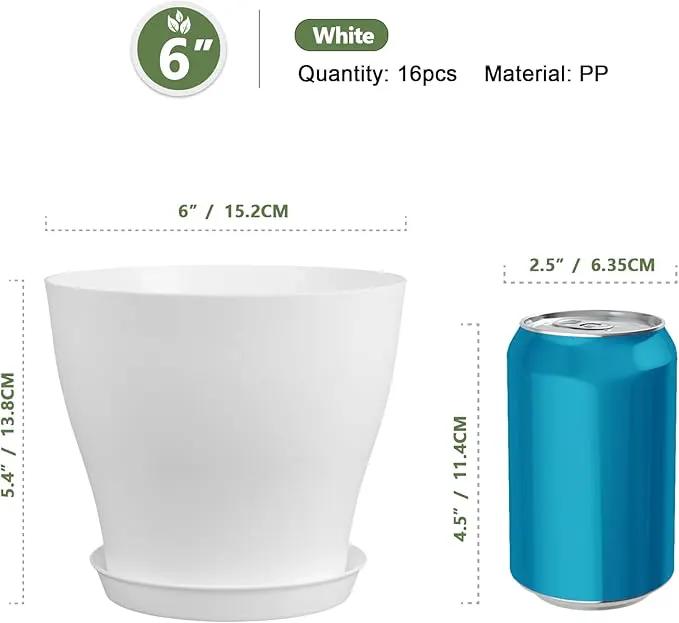 6 inch Plastic Nursery Pots, 16 Pack Plant Pots for Small Indoor Outdoor Plants, Flower Pots with Drainage Holes and Saucers, Decorative Seedling Starter Planters for House Plants, White by GreenHaven Gardens