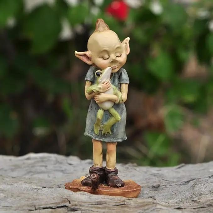 Top Collection Miniature Fairy Garden and Terrarium Statue, Garden Pixie Elf Hugging Frog by GreenHaven Gardens