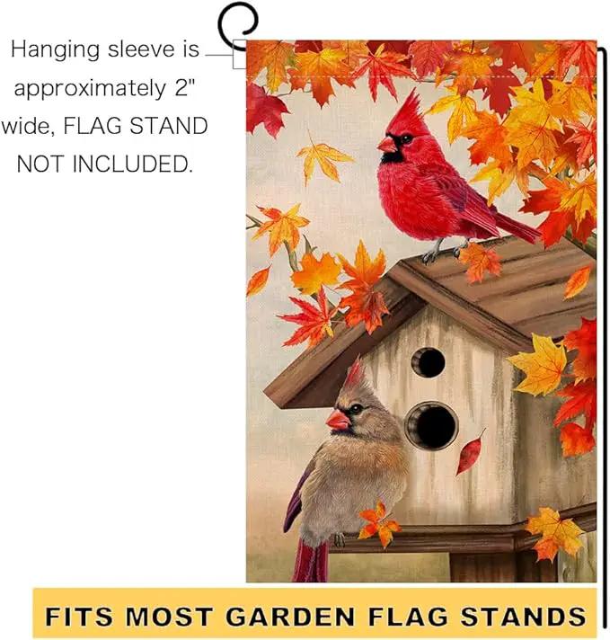 BLKWHT Fall Cardinal Bird Garden Flag 12x18 Vertical Double Sided Maple Leaves Welcome Autumn Thanksgiving Holiday Outside Decorations Burlap Yard Flag BW829 by GreenHaven Gardens