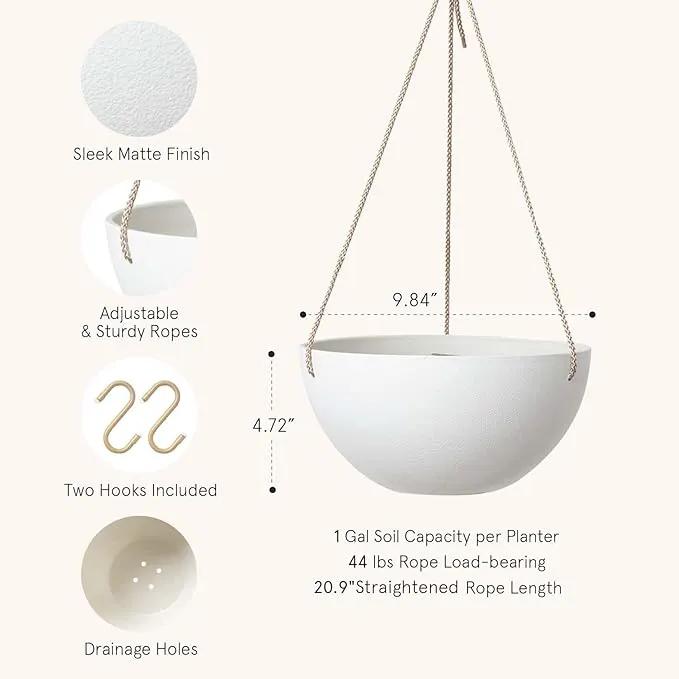 LA Jolie Muse Hanging Planter - 9.84 Inch Hanging Planters for Indoor Plants, Hanging Pots for Plants Indoor Outdoor, Set of 2, White by GreenHaven Gardens
