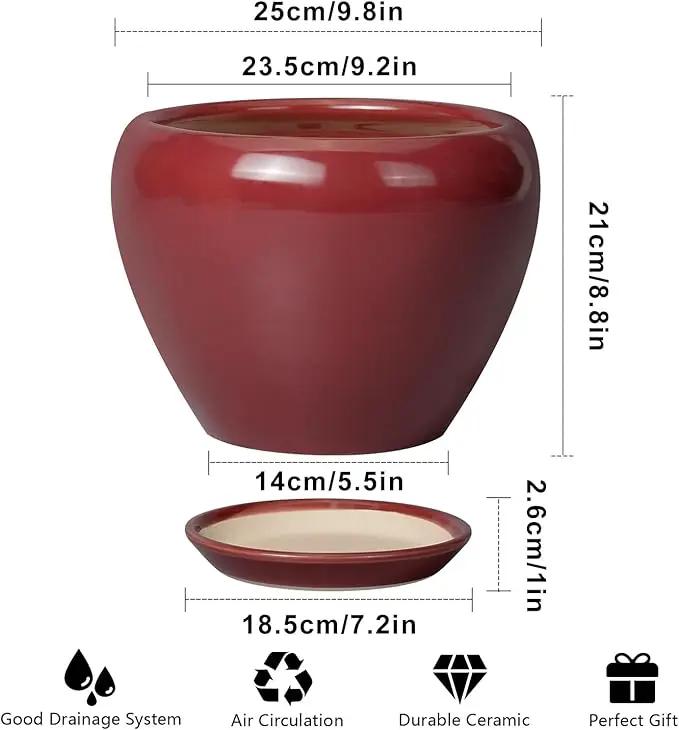 10 Inch Plant Pot - Ceramic Planter Pot with Drainage Hole and Saucer Large Planter for Indoor Plants Round Outdoor Flower Pot Mid-Century Decor Red by GreenHaven Gardens