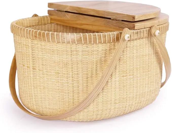 Nantucket Basket Crafts Cane-on-Cane Weave Picnic Basket Shopping Basket Basket Storage Basket Two Swing Handles (Ash Activity Double Open) by GreenHaven Gardens