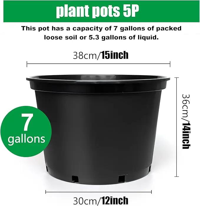7 Gallon Plastic Nursery Pots, 15 Inch Large Plastic Pots for Plants, Round Plant Pots with Drainage Holes, Flower Pots for Outdoor Indoor Plants (5-Pack, Black) by GreenHaven Gardens