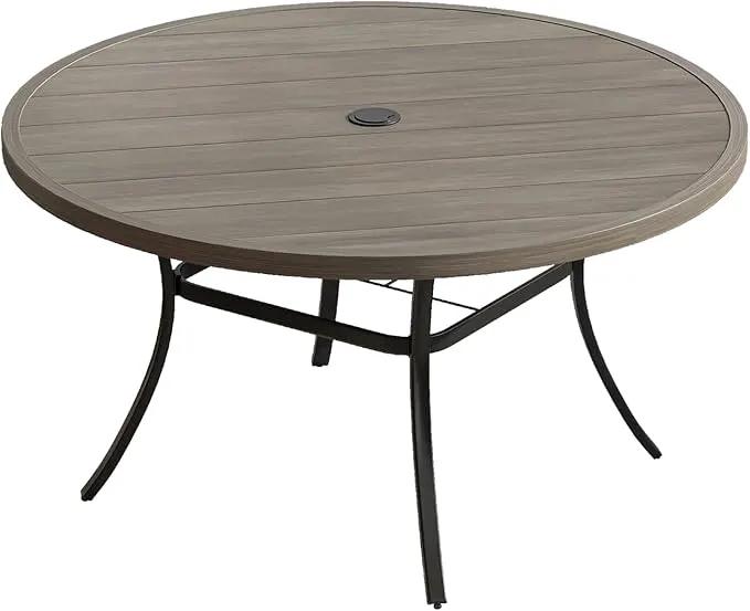VICLLAX 53" Outdoor Round Patio Table for Lawn Garden, All Weather Metal Round Patio Dining Table with Adjustable Umbrella Hole, Patio Table for 8 Person, Grey Wood-Like Tabletop by GreenHaven Gardens