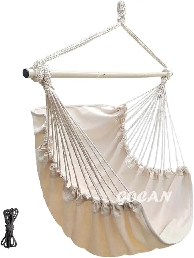 Hammock Chair Large Hammock Swing,110 X 150cm Load 150kg,Cotton Hanging Chair Hardwood Spreader Bar Wide Seat Swing Chair (Beige) by GreenHaven Gardens